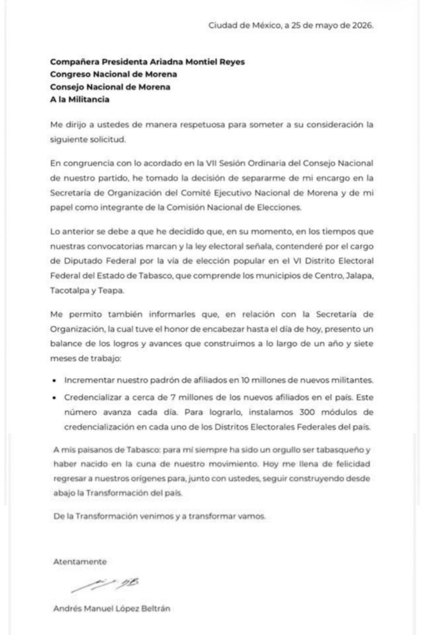 Mediante este oficio 'Andy' López presentó su renuncia a la Secretaria de Organización de Morena.